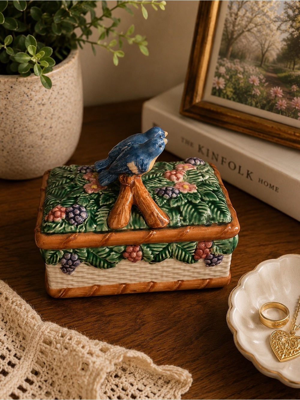 Vintage Japanese Takahashi Porcelain Trinket Box | Blue Birds Spring Basket